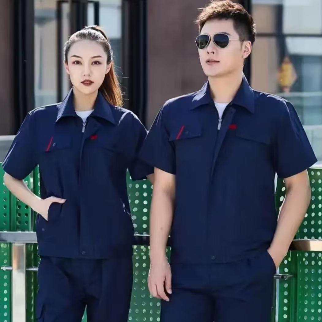 夏季薄款纯棉工作服蓝色上衣套装男女短袖男装劳保服工服服装耐磨