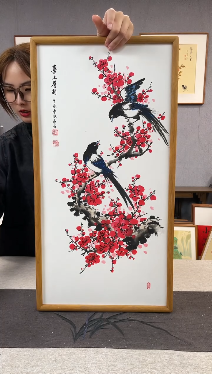【闪购商品】国画贺照亭-纯手绘带框作品-35*68-梅花