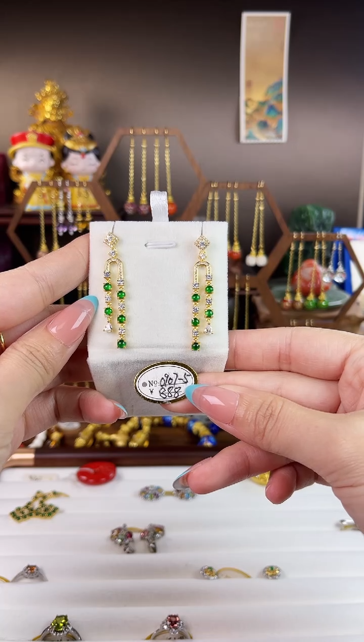 银S925镀金镶嵌翡翠耳饰，0907-5翡翠耳针