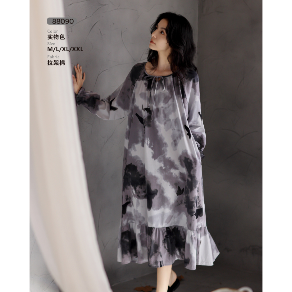春季新款简约女士睡裙中长款宽松复古印花扎染家居服88090和88089