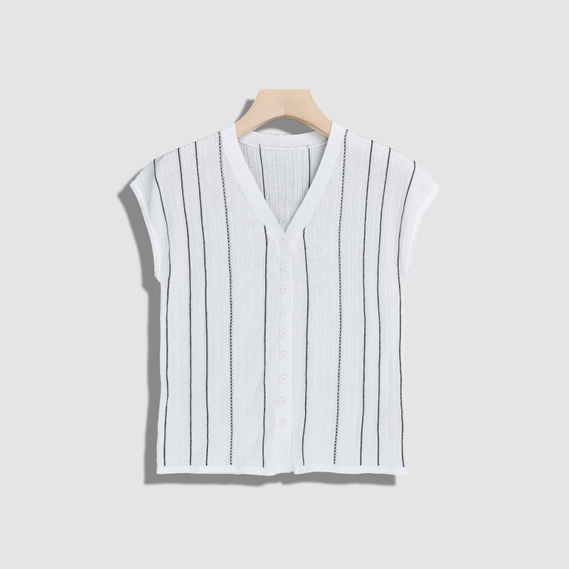 【荣荣】休闲时尚V领无袖条纹针织上衣T恤-Y17559