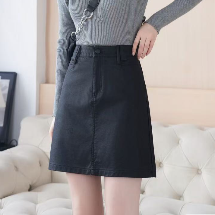 皮半身裙女装春秋新款高腰显瘦防走光A字半身裙#8908