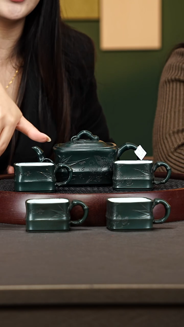 茶壶紫砂38ZWP四方竹段 可心绿泥420cc