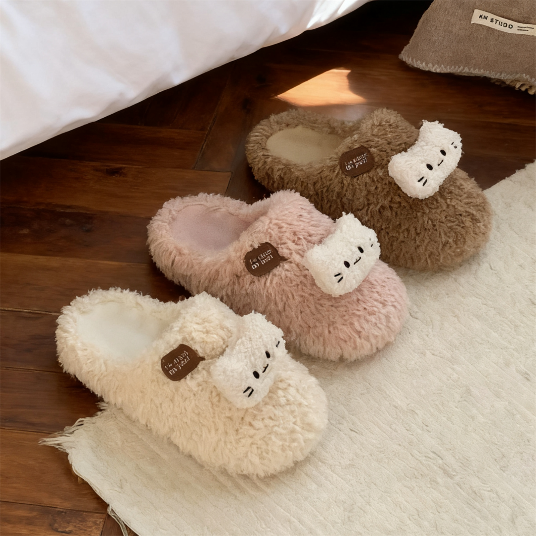 细细条 卡通小猫月子软底防滑居家毛毛鞋冬季女士毛绒保暖棉拖鞋