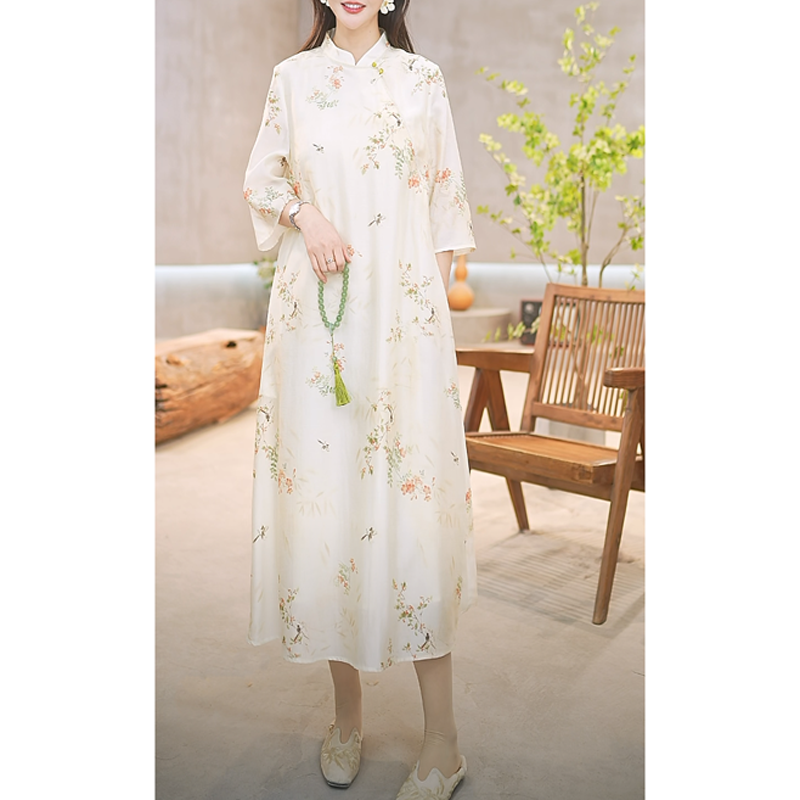 赠李白原创中国风桑蚕丝显瘦时尚旗袍七分袖A字连衣裙8001