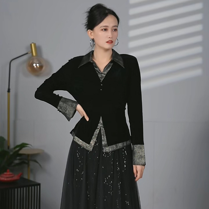 厚款成人不起球秋季长袖翻领衬衫黑色女装气质修身