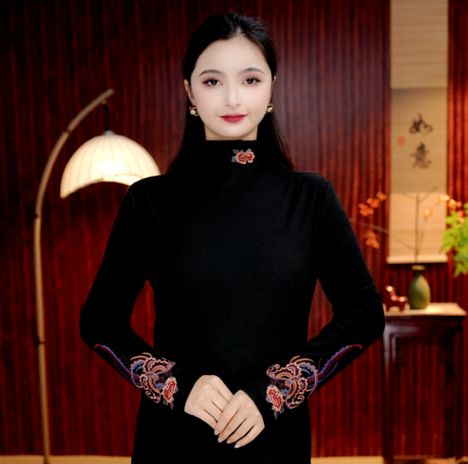 [虹离-加绒加厚] 柒夫人高定新中式刺绣加绒加厚打底衫