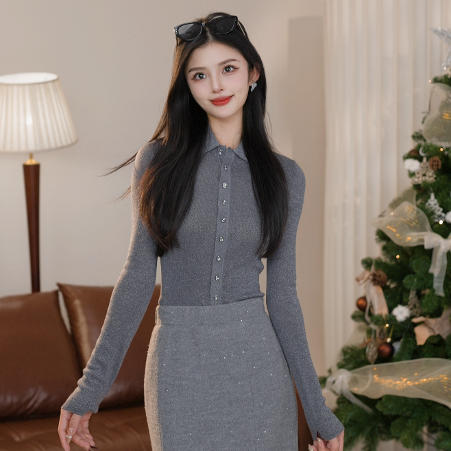 AMASS/阿玛施新款通勤气质翻领单排扣葱纱细闪长袖针织衫5399662