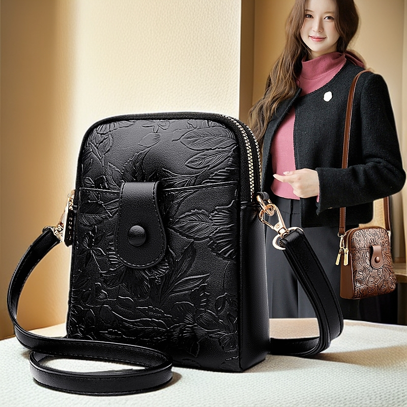 百搭简约竖款手机袋花时尚质感手机包斜挎女士单肩韩版小包包新款