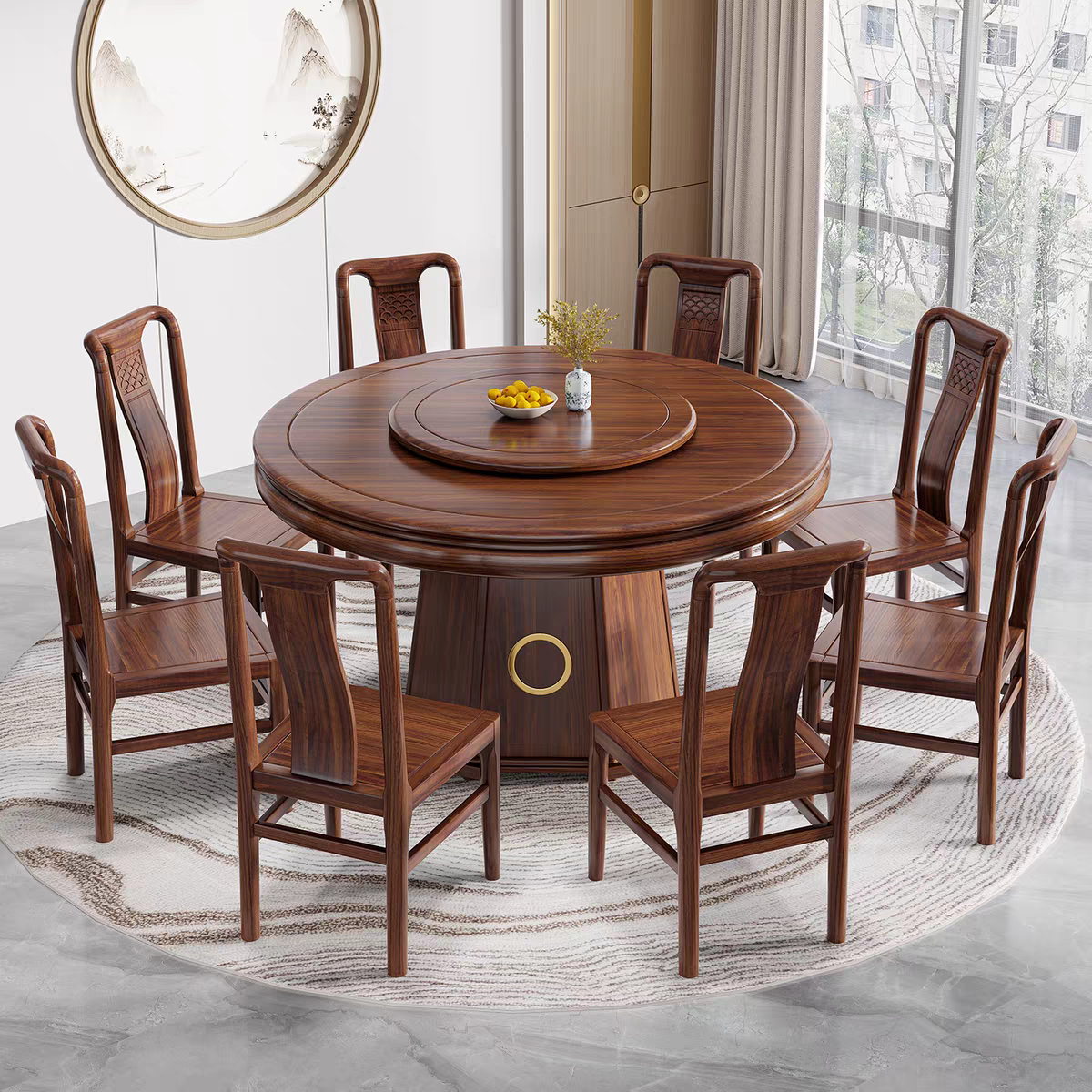 新中式乌金木圆桌实木餐桌椅带转盘家用大圆桌餐厅吃饭桌子