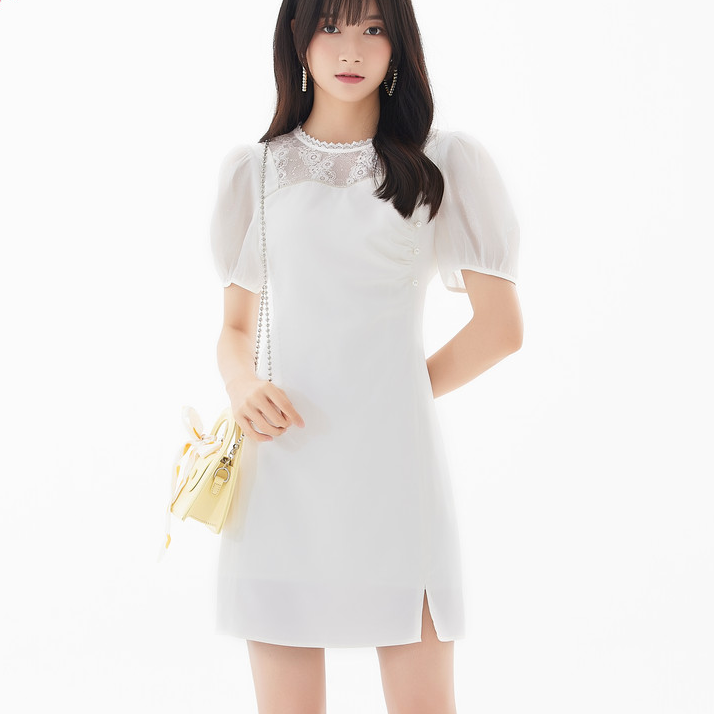 鎏金玻璃砂蕾丝拼接气质修身连衣裙泡泡袖白色裙子夏季612250109