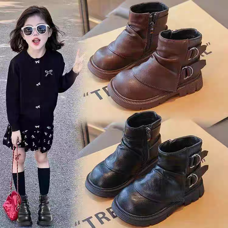 2025冬季新款女童马丁靴儿童短靴小女孩加绒保暖裤管靴骑士堆堆靴