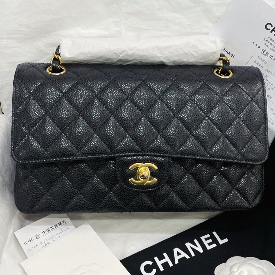 99新 Chanel/香奈儿 黑金荔枝纹中号cf /7QK40316