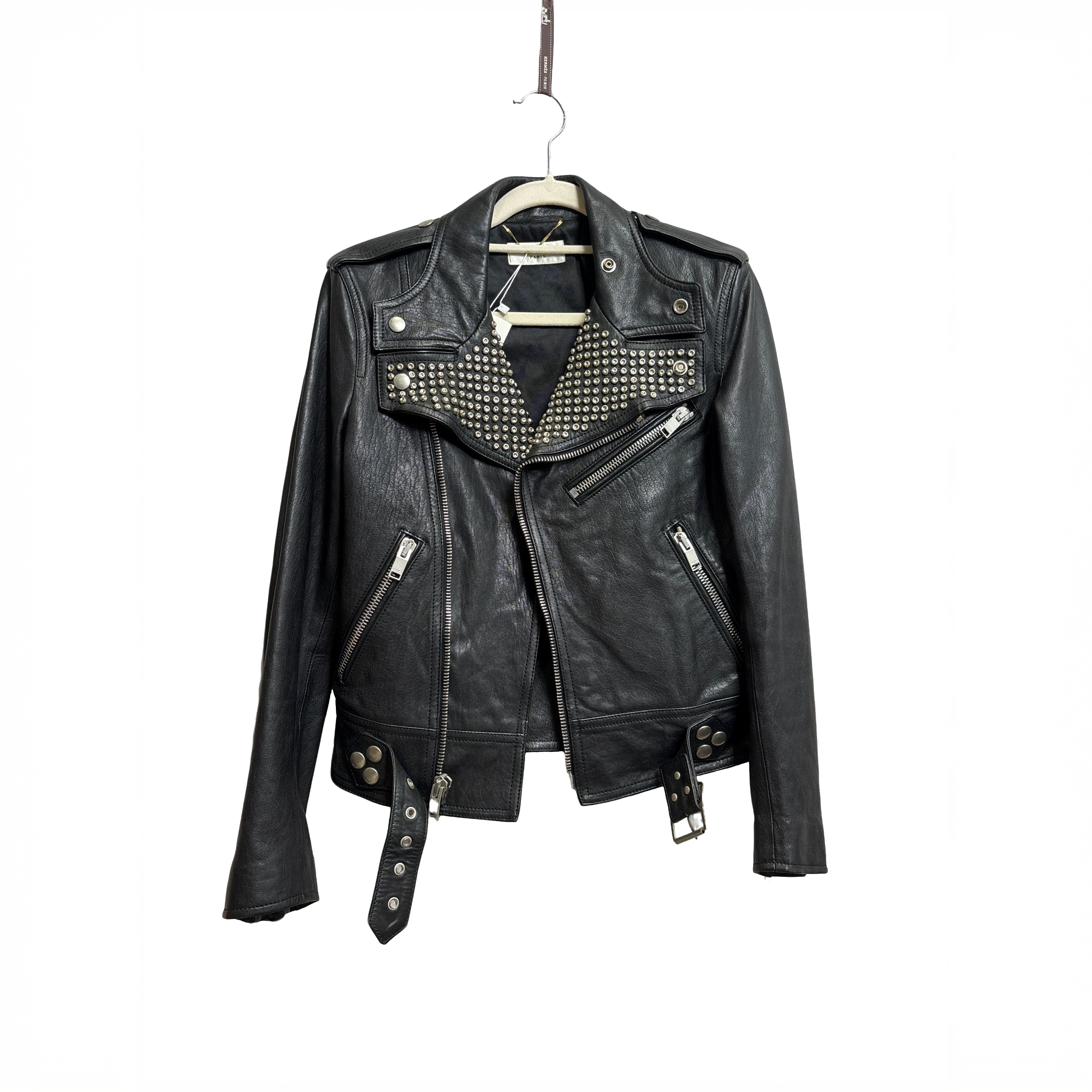 99新 YSL/圣罗兰 蔚蓝/铆钉牛皮皮夹克外套/36码/LZ223W057