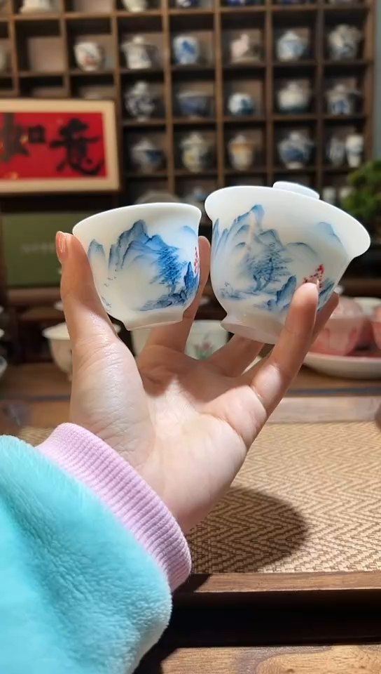 【闪购商品】手绘山水小盖碗+送主人杯