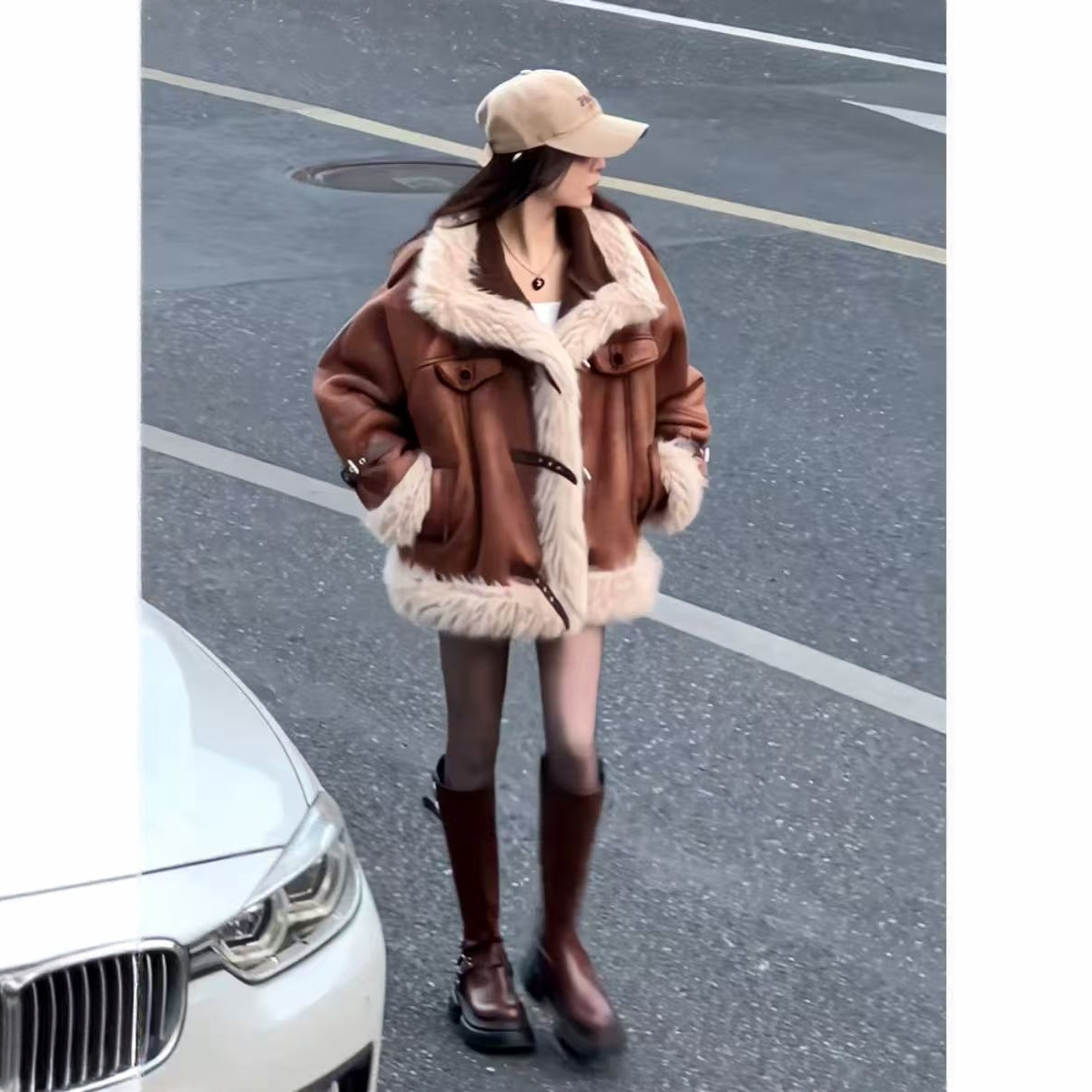 美式复古高级感毛呢机车外套女冬季加绒加厚保暖宽松休闲棉服