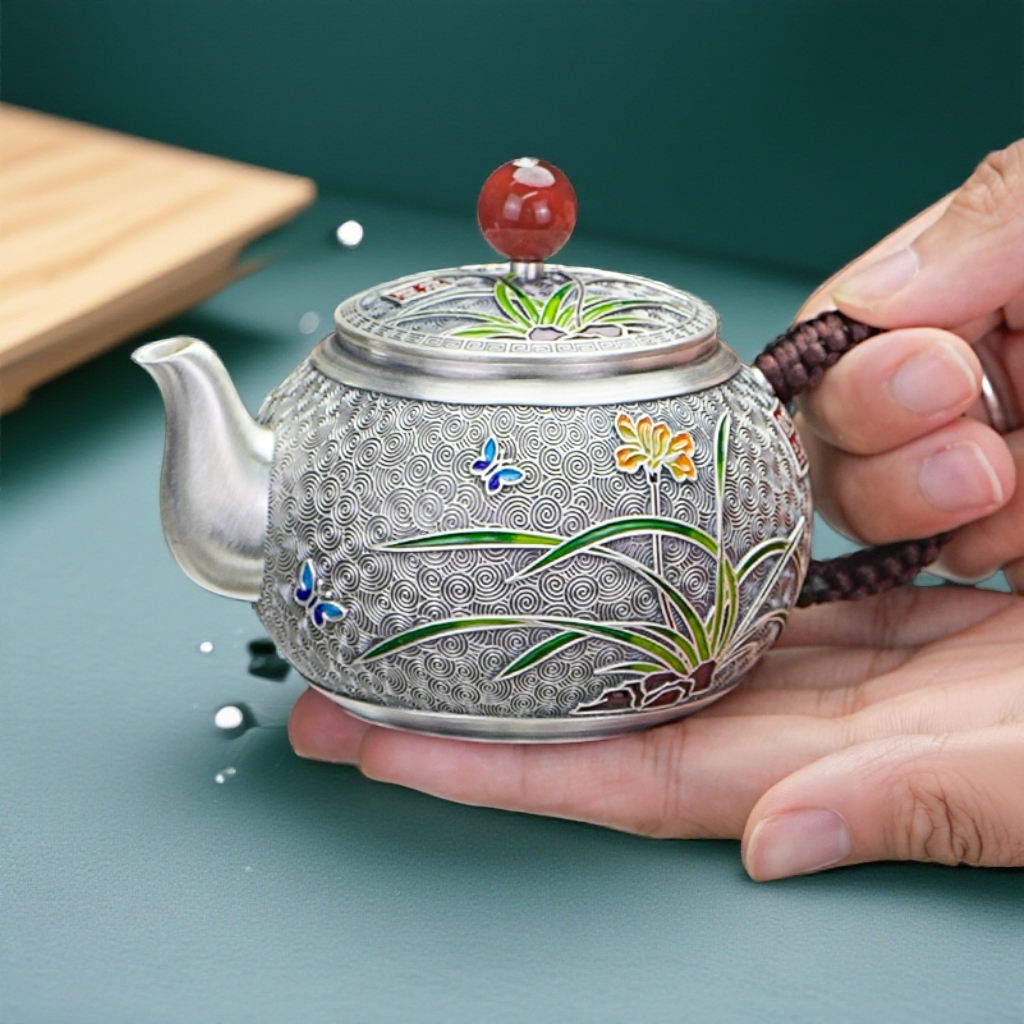 银制品 银壶泡茶壶999足银茶具套装 手工珐琅花丝银空谷幽兰茶壶