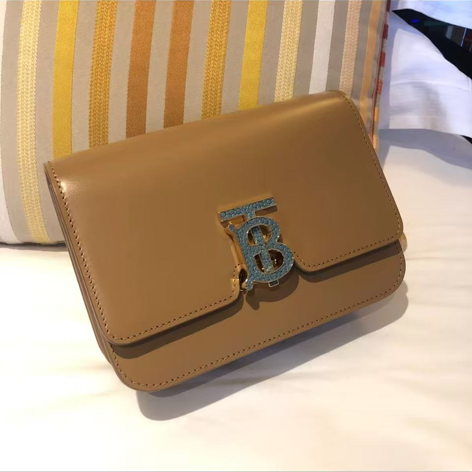 95新 BURBERRY/博柏利 巴宝莉蓝色TB扣卡其色小方豆腐包
