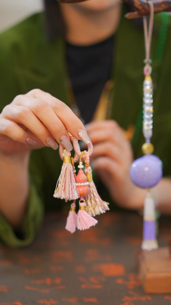粉色钥匙挂非遗漆手艺工天然葫芦文玩福禄