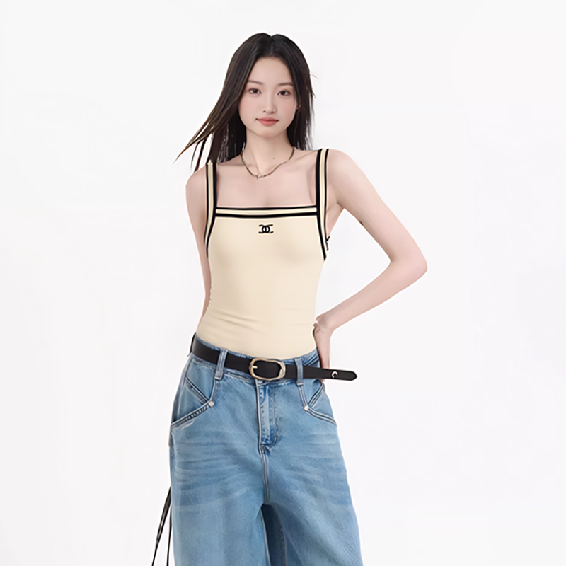 法式撞色针织吊带小背心黑色女小香风时尚内搭