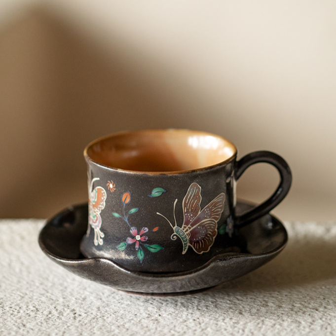亘古 暗夜蝶舞黑志野烧咖啡杯带底碟女士复古国风陶瓷早餐牛奶杯