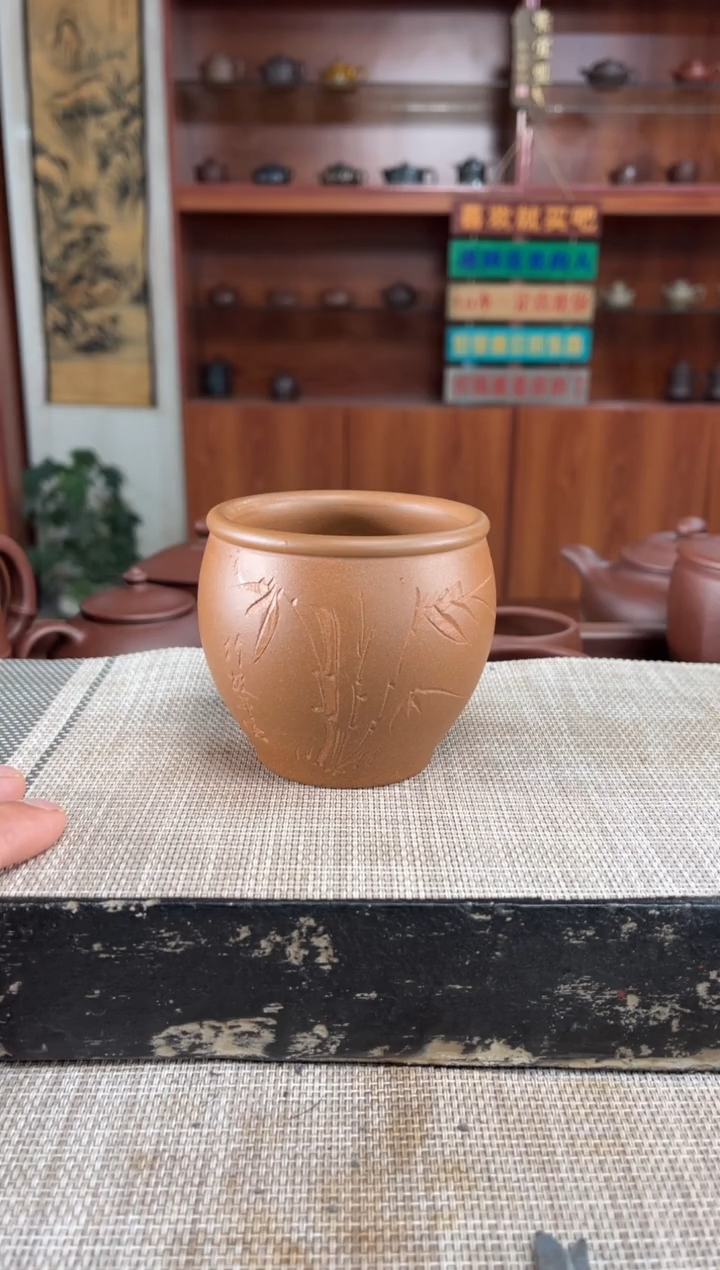 茶杯紫砂老段泥手刻竹报平安主人杯