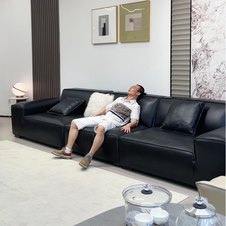 现货3.0特厚大黑牛真皮沙发羽绒版全头层牛皮意式极简轻奢落地