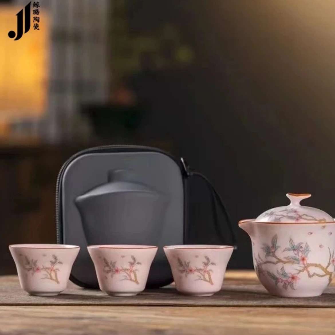 茶具 粉汝快客壶+3杯旅行包【水点桃花】-4642