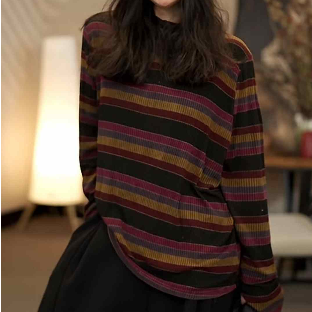 女款秋季打底女士保暖宽松型套头T恤条纹落肩袖女螺纹上衣