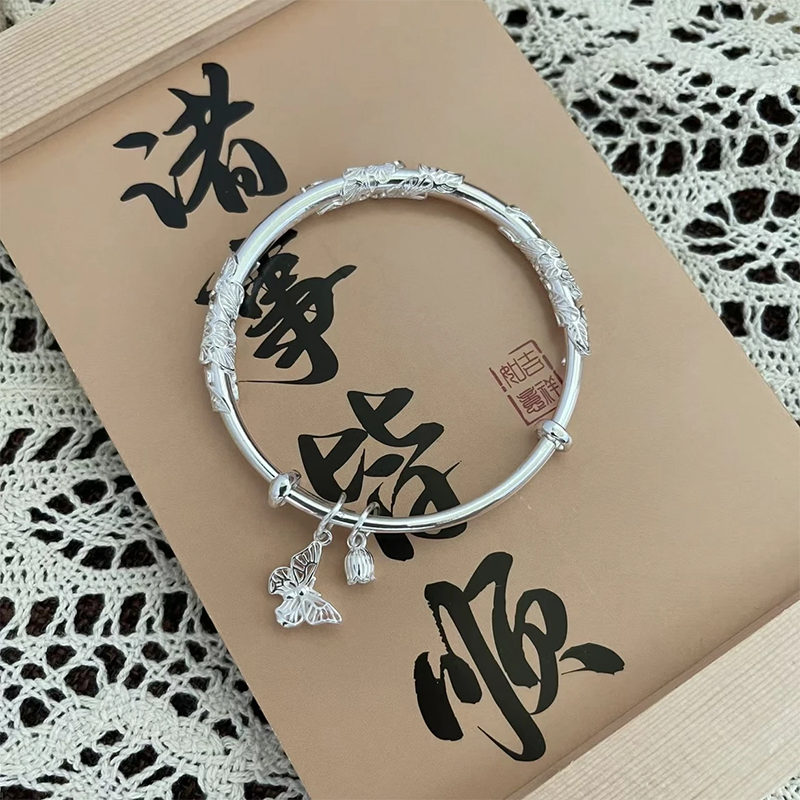 足银手镯 51号链接【繁花蝴蝶吊坠推拉】发货带证书带礼盒