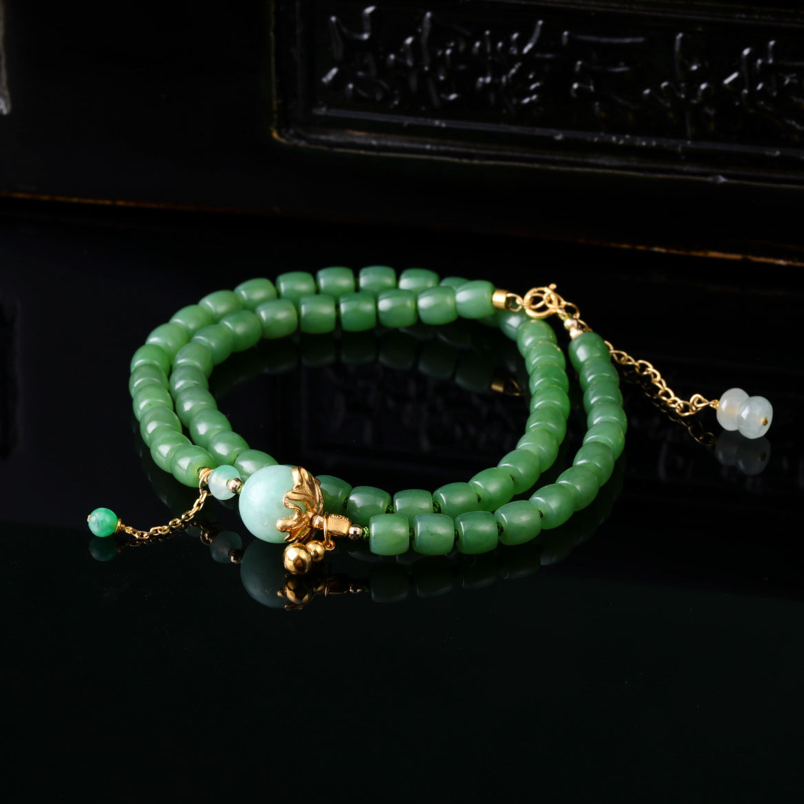 【意婵】《听森》大超值18K金老俄料和田碧玉双圈手链翡翠-913164