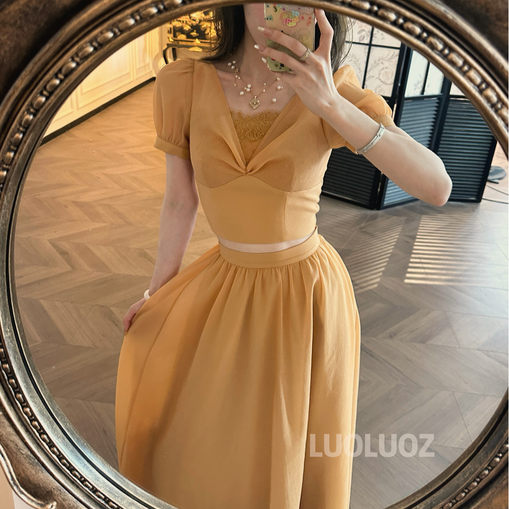 LUOLUOZ【落日西山】高级气质绝美色系上衣＋半身长裙两件套CC138