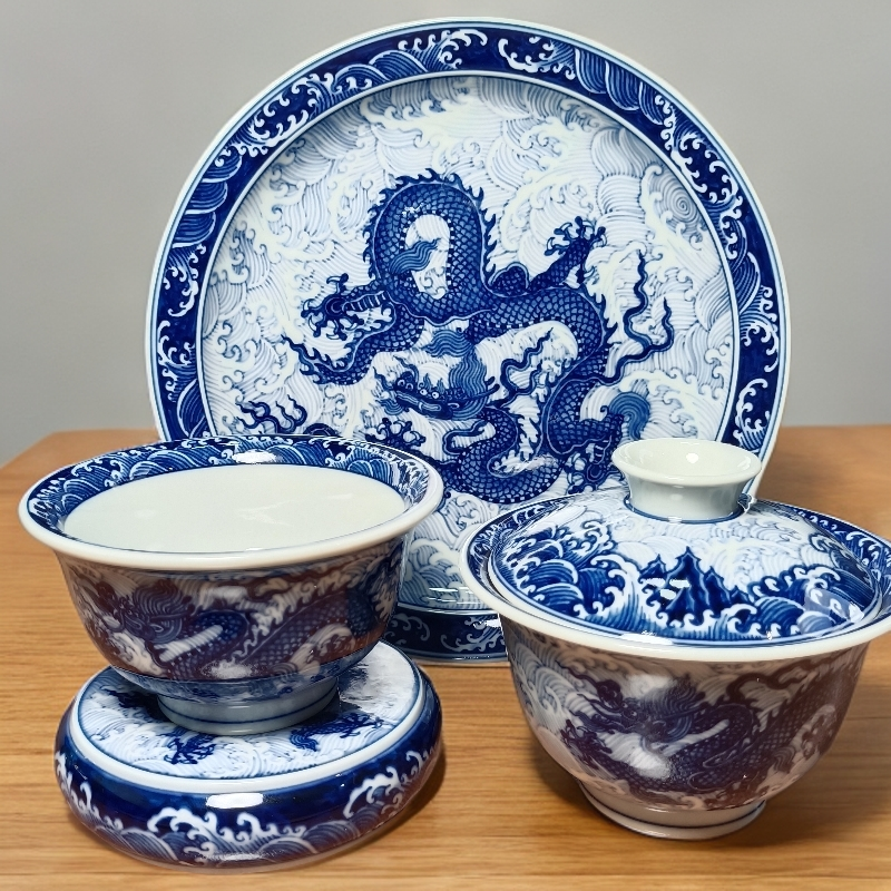 景德镇纯手工手绘江崖海水龙纹套组茶具