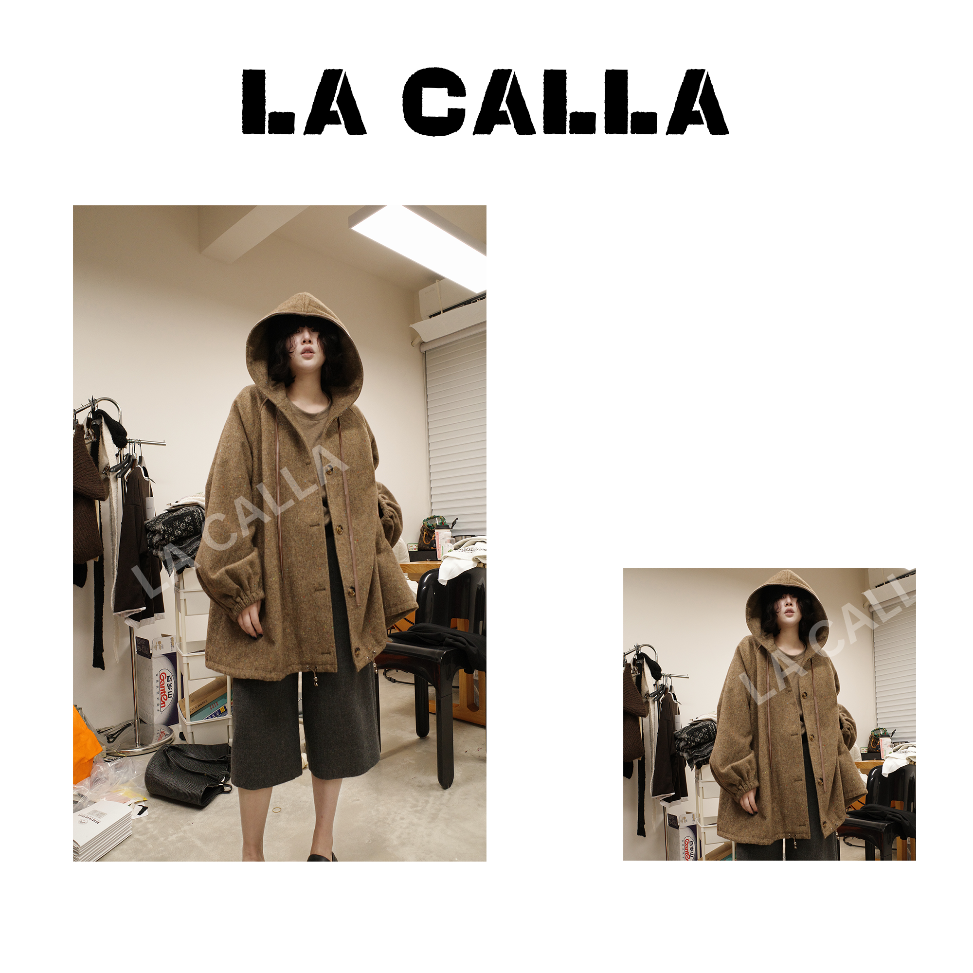LA CALLA帽衫外套咖色设计师秋冬毛绒连帽外套K010