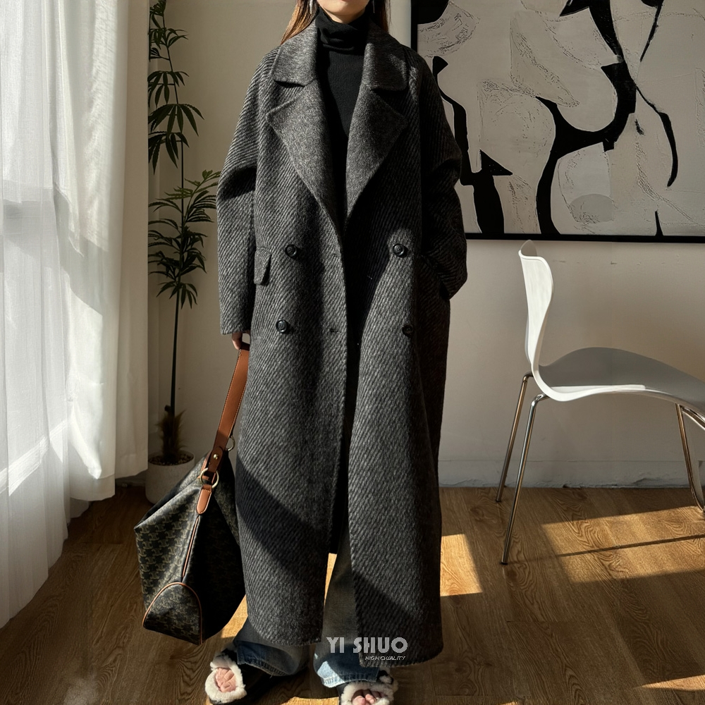 秋冬高端斜纹黑灰色廓形双面羊毛大衣长款宽松毛呢外套女