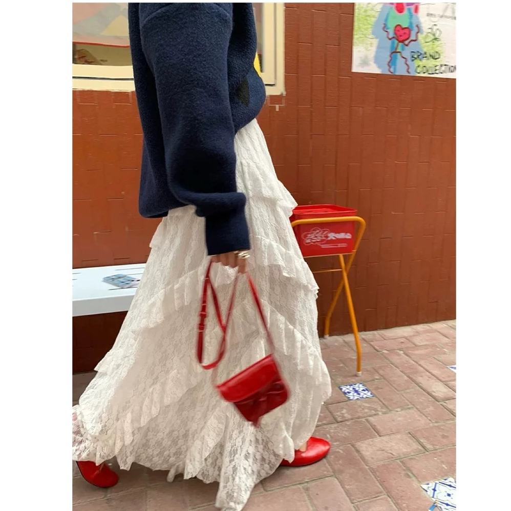 白色蕾丝半身裙女夏季2025新款高腰垂感a字半裙长裙不规则蛋糕裙