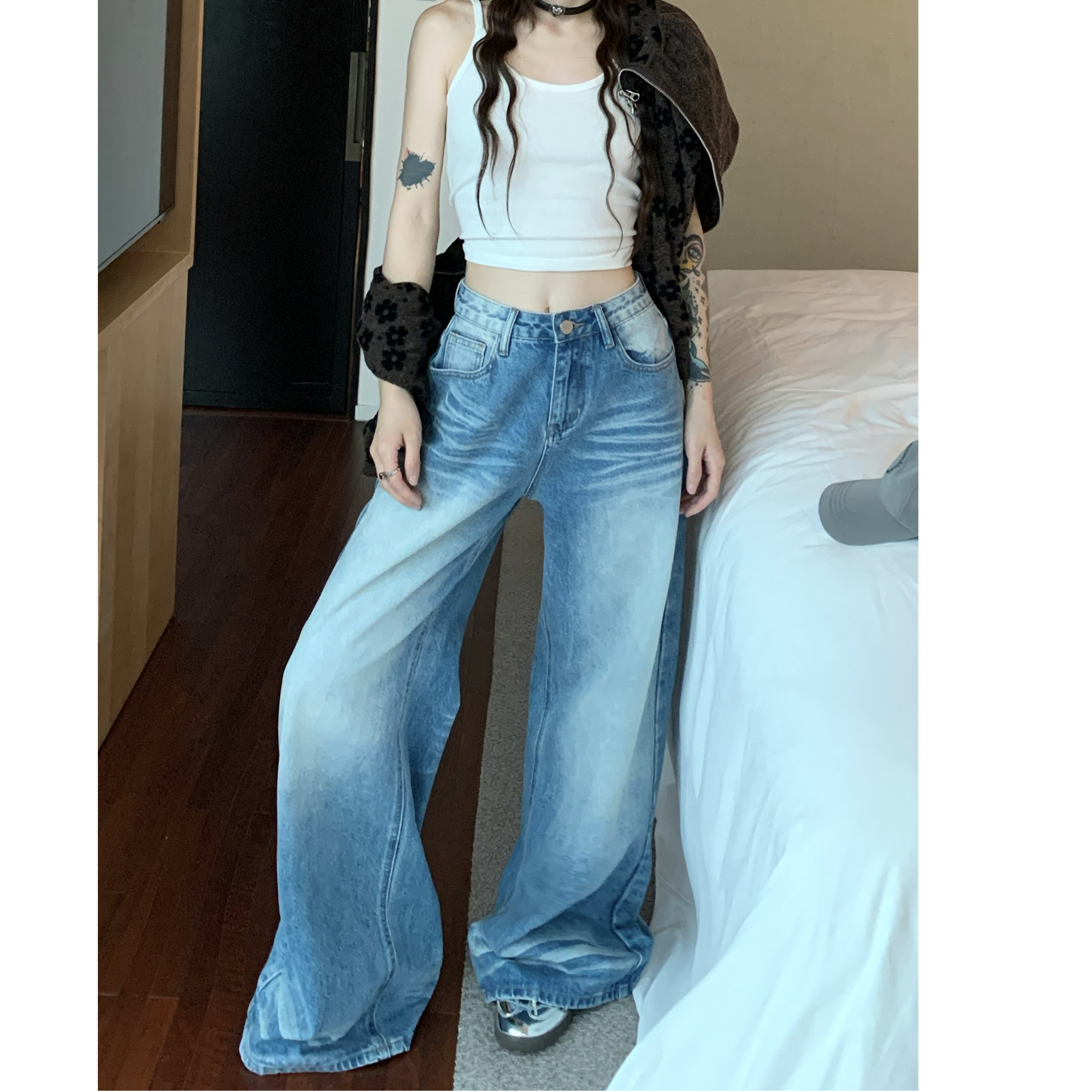 大码胖MM水洗浅蓝色阔腿牛仔裤女夏季美式高腰直筒裤子宽松长裤