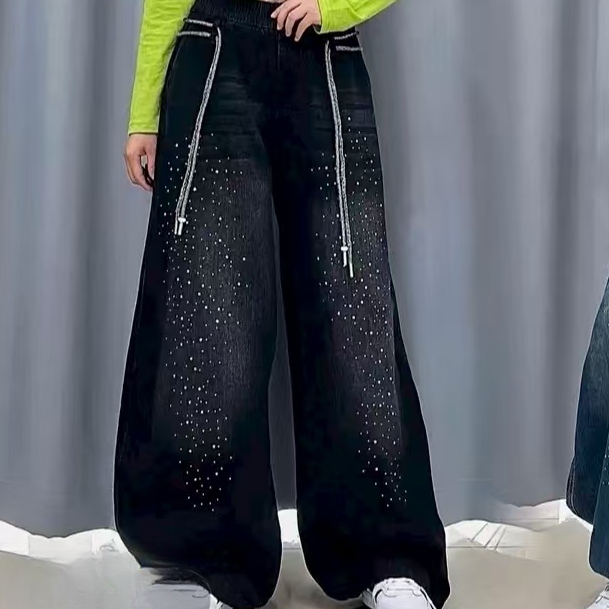 街舞宽松潮牌烫钻双抽绳休闲长裤0919