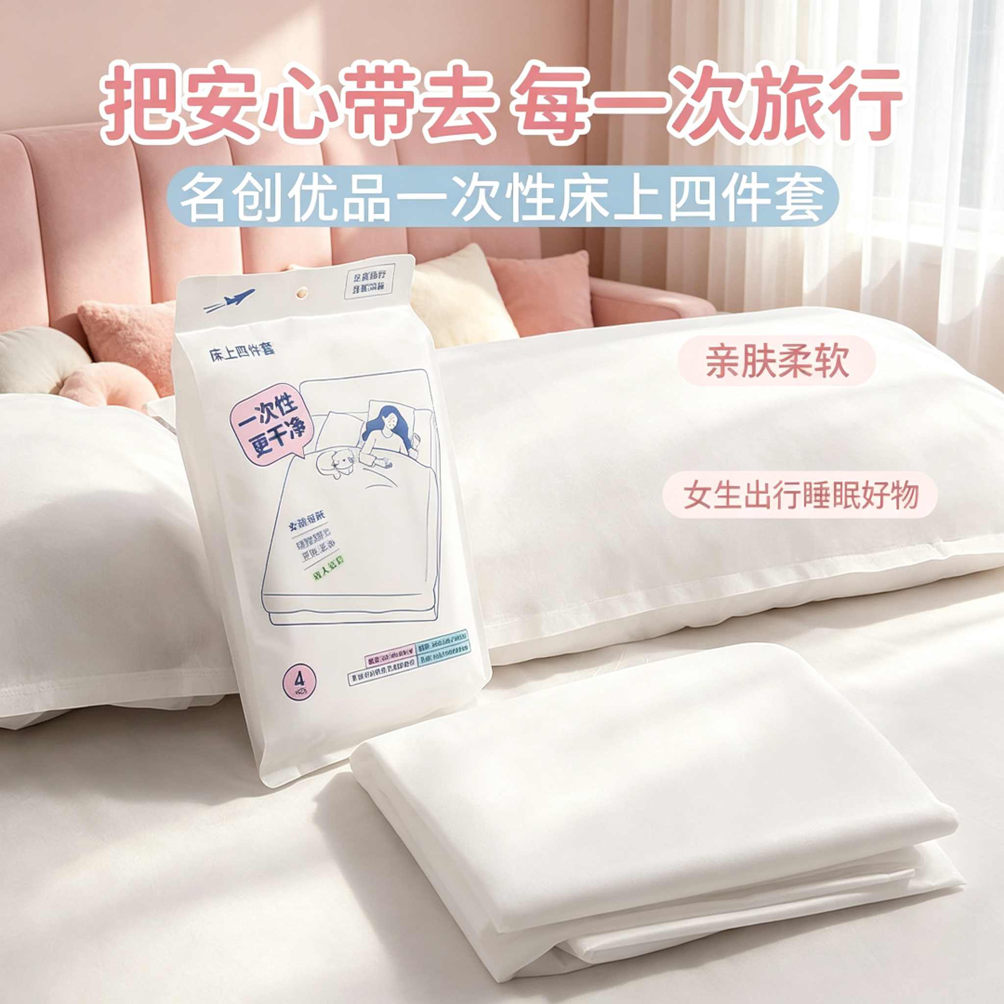 【专属】名创优品一次性床上四件套床单被套酒店旅行便携包装_LX