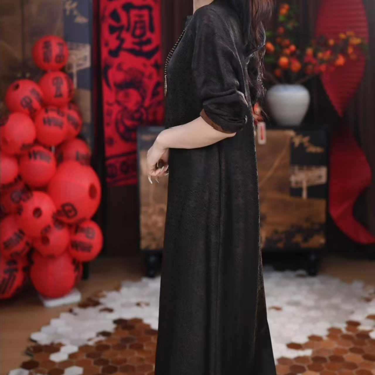 【斯辰】香云纱长款女装连衣裙提花气质桑蚕丝复古长裙宽松连衣裙