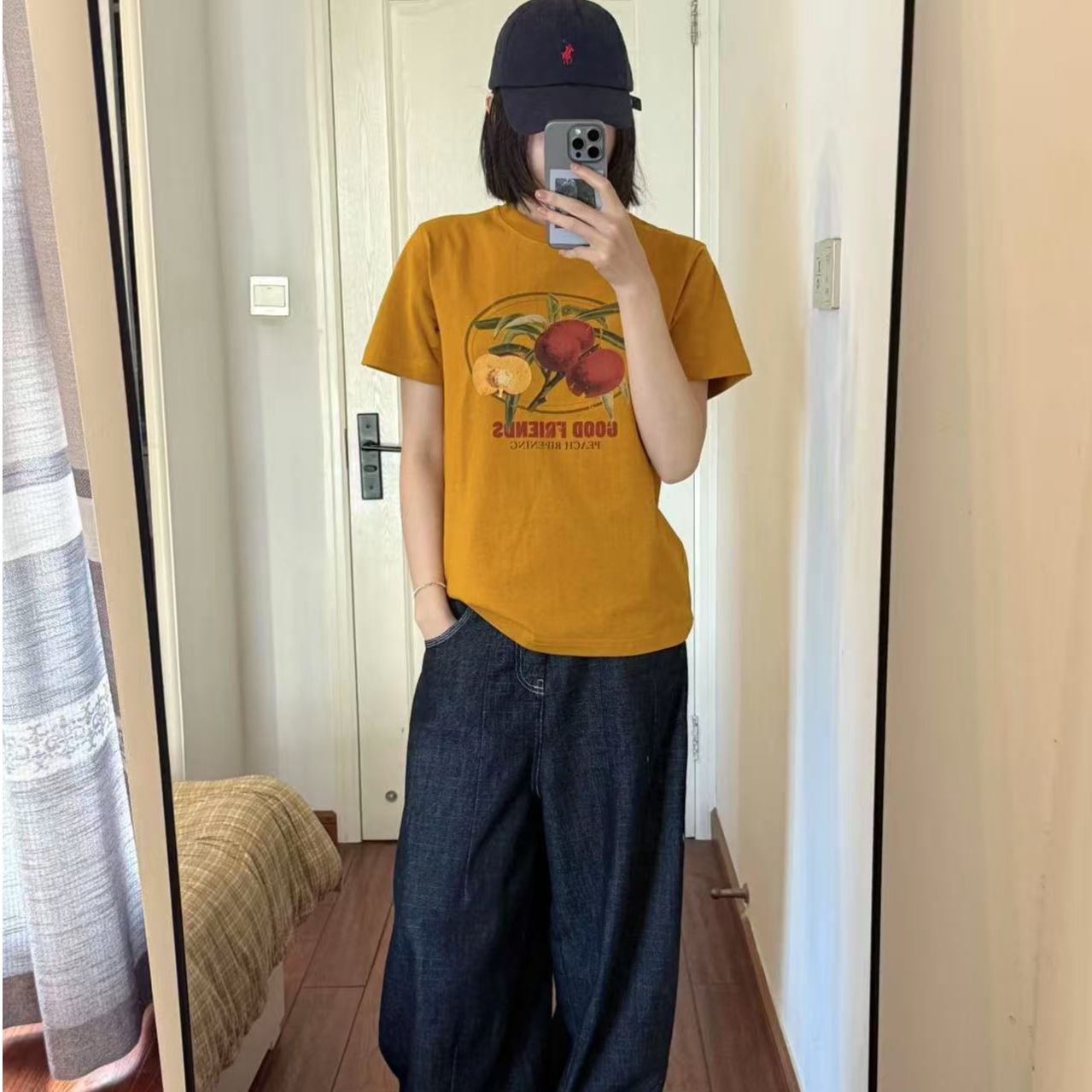 T2551 美式复古落日黄短袖夏季黄桃印花短袖T恤