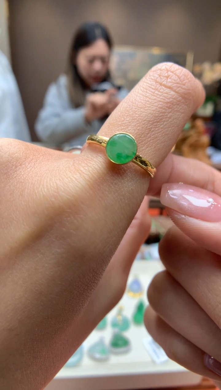 【闪购商品】翡翠戒指18K金镶嵌戒指#14圈上下两个圈口免费改