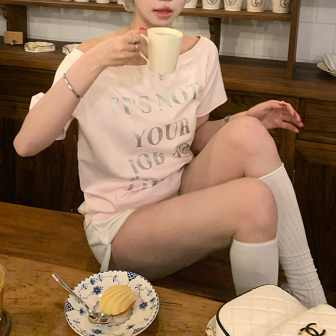 【赠运险/280g面料】韩系斜肩粉色字母T恤女夏减龄百搭显瘦休闲上衣