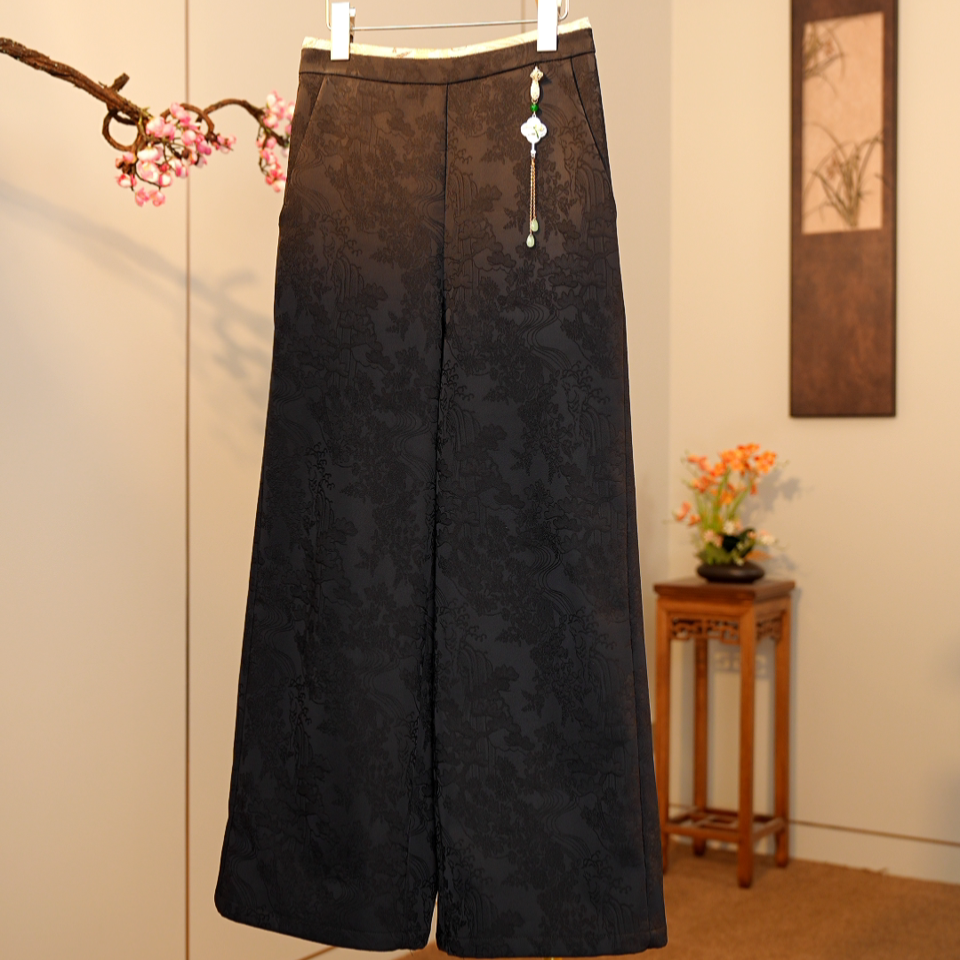 【叶子】高山流水秋冬加绒加厚重磅提花双面垂感显瘦阔腿裤