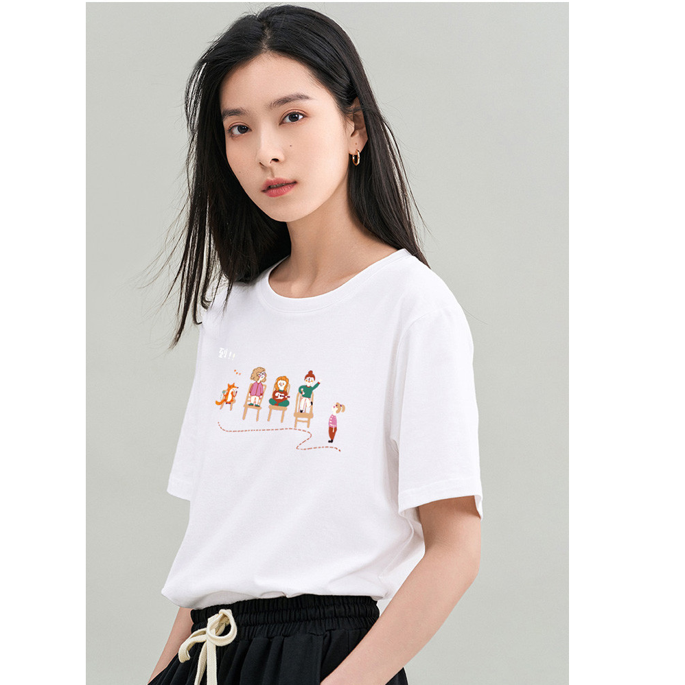 茵曼纯棉短袖T恤女25年夏季天蓝色趣味印花圆领百搭清新休闲内搭