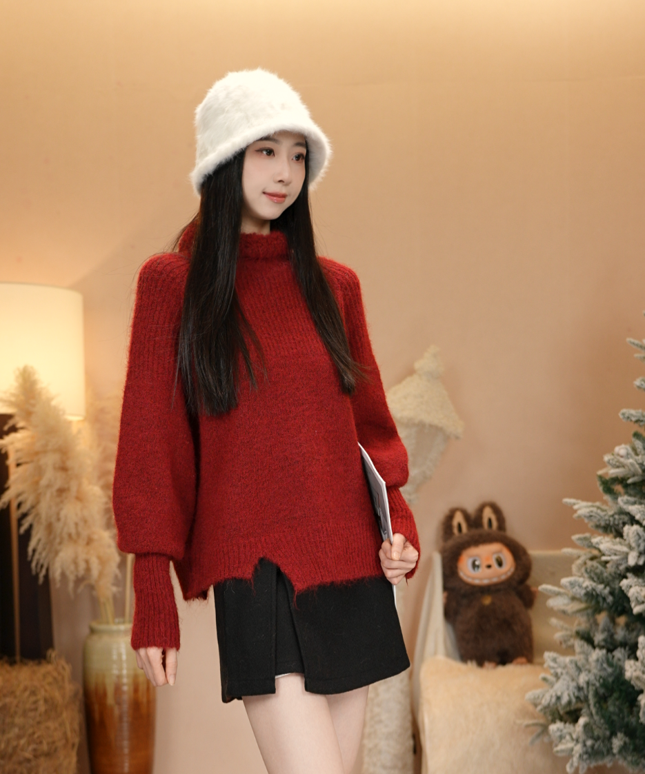 唐乐乐｜25new秋冬新款慵懒风高领宽松纯欲红色上衣 BF2519