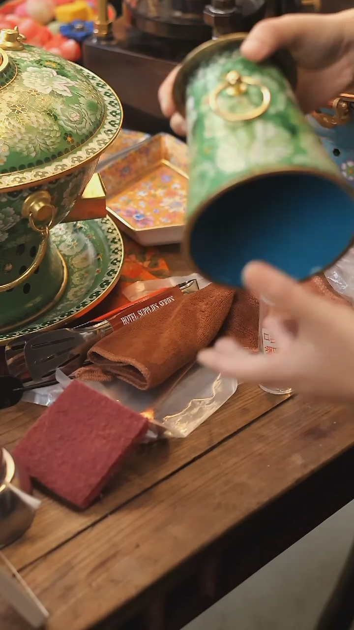 【闪购商品】初春电炭多人用景泰蓝铜火锅-餐具颜色随机