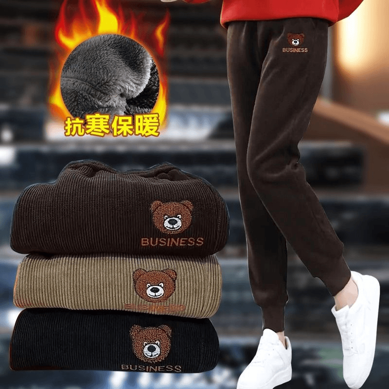 加绒加厚卫裤女2025秋冬高腰束脚裤显瘦小熊刺绣灯芯绒休闲运动裤