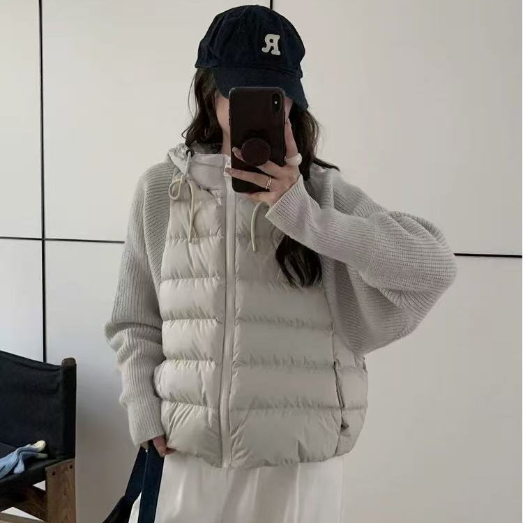 针织棉衣时尚冬季外套女款拼接女式轻薄棉服内胆短款百搭保暖