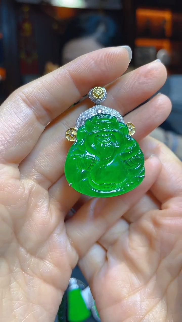 【闪购商品】翡翠颈饰18K金镶嵌101591天然A货翡翠行长吊坠